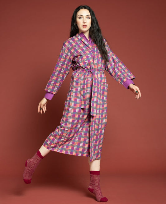 Long Kimono - Checky bright coral