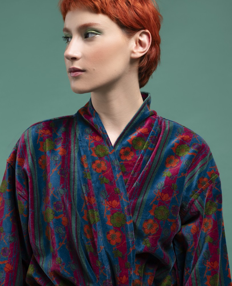 Long Kimono Velvet - Kensington dk green/fushia