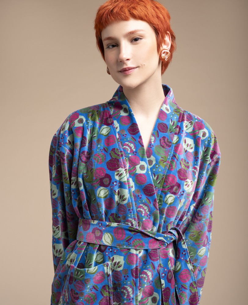 Short Kimono Velvet - Bloom blue