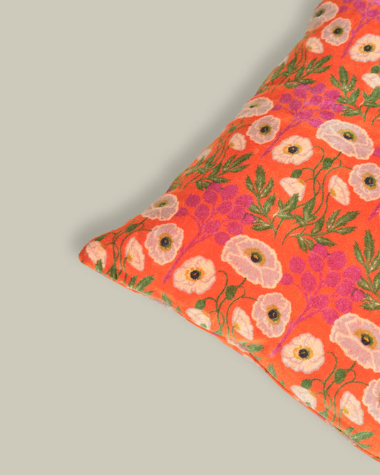 Square Velvet Cushion, Poppy Orange Print