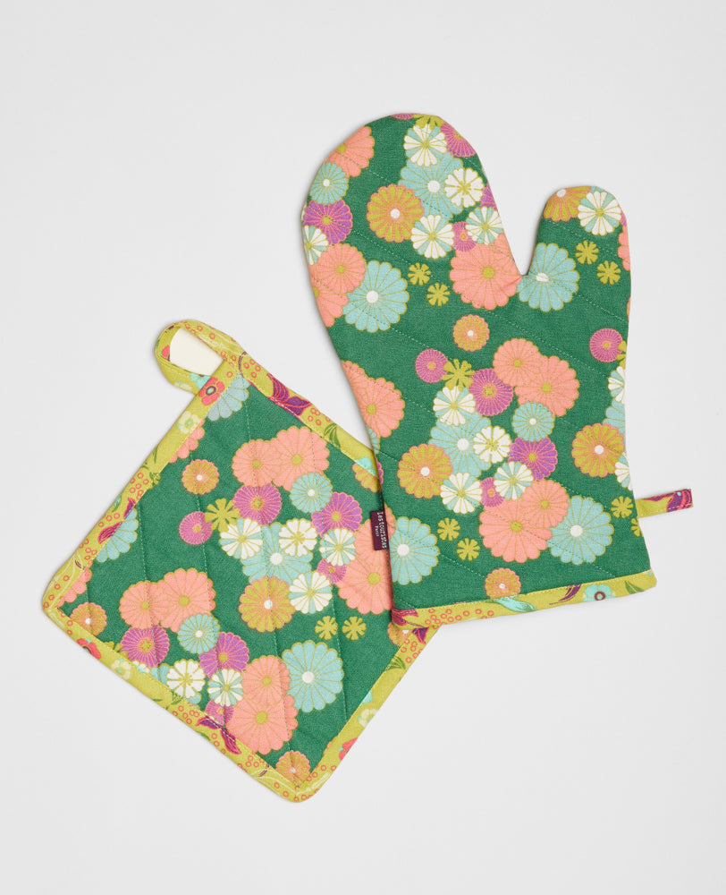 Oven Glove and Potholder - Mellow green/iris gold