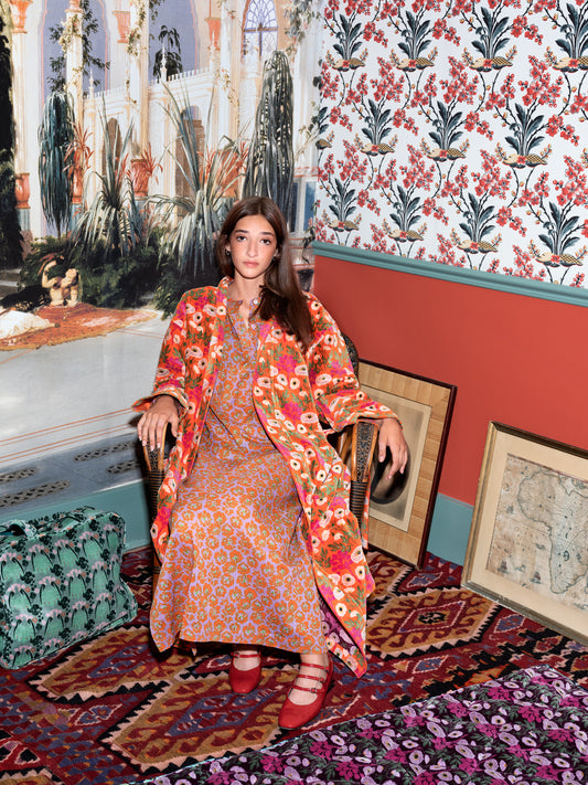 Long Velvet Kimono, Poppy Orange Print