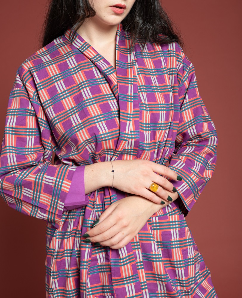 Long Kimono - Checky bright coral