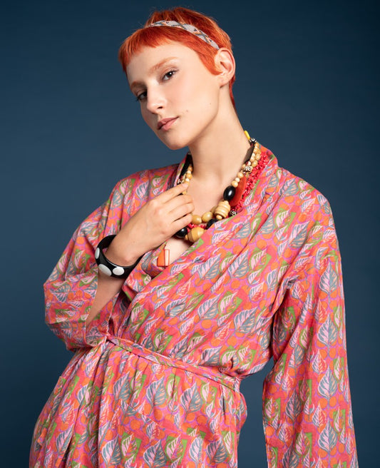Long Kimono - Dotty bright coral