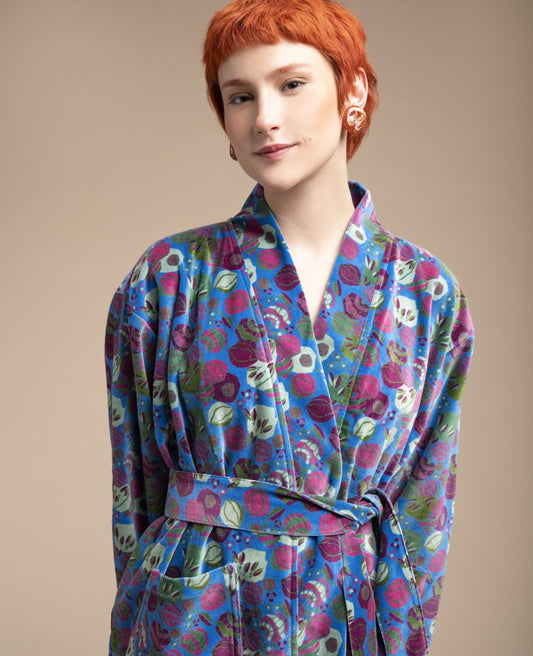 Short Kimono Velvet - Bloom blue