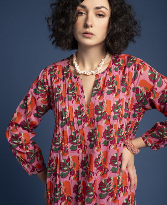 Long Tunic Dress - Split pink orange