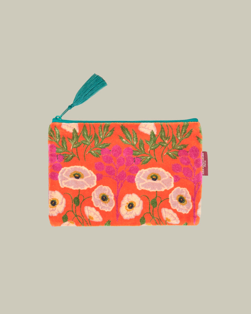 Medium Velvet Pouch, Poppy Orange Print