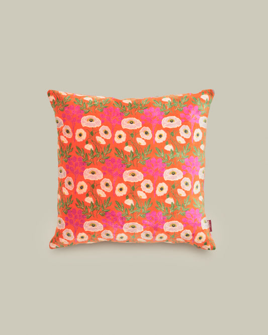 Square Velvet Cushion, Poppy Orange Print