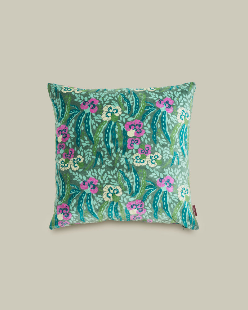 Square Velvet Cushion, Allegria Green Print