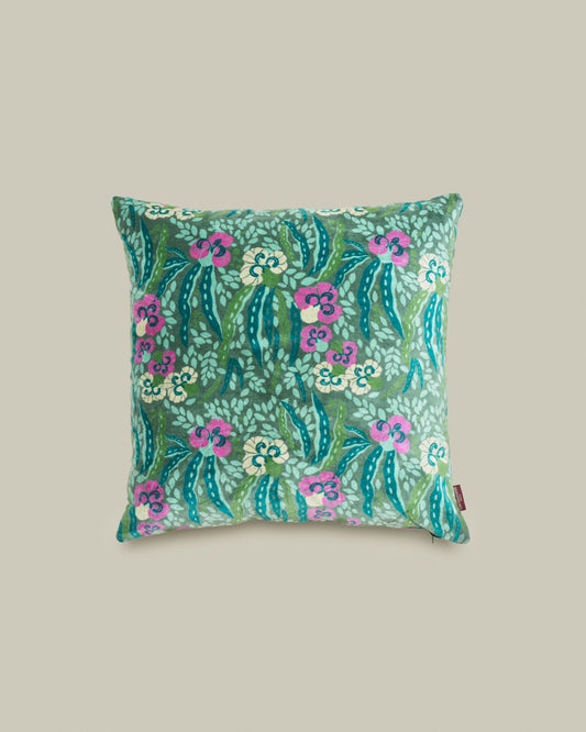 Square Velvet Cushion, Allegria Green Print
