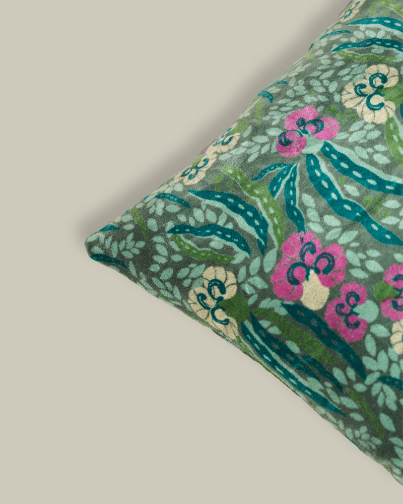 Square Velvet Cushion, Allegria Green Print