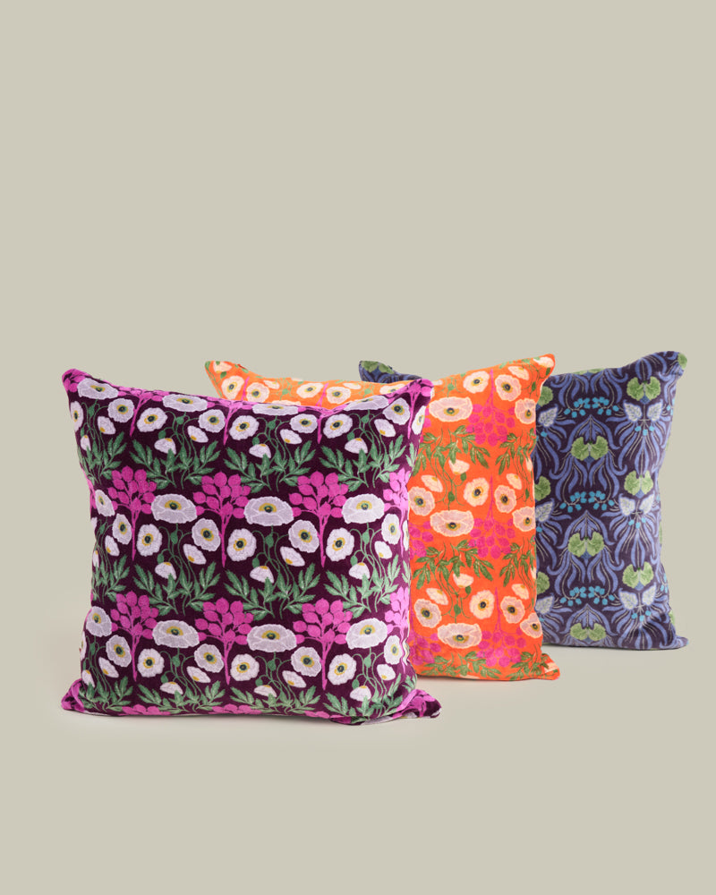 Square Velvet Cushion, Muguet Blue Print