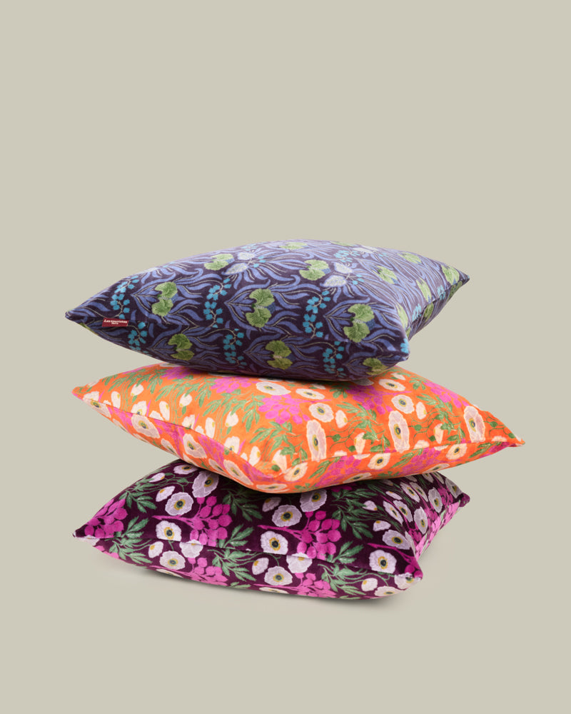 Square Velvet Cushion, Muguet Blue Print