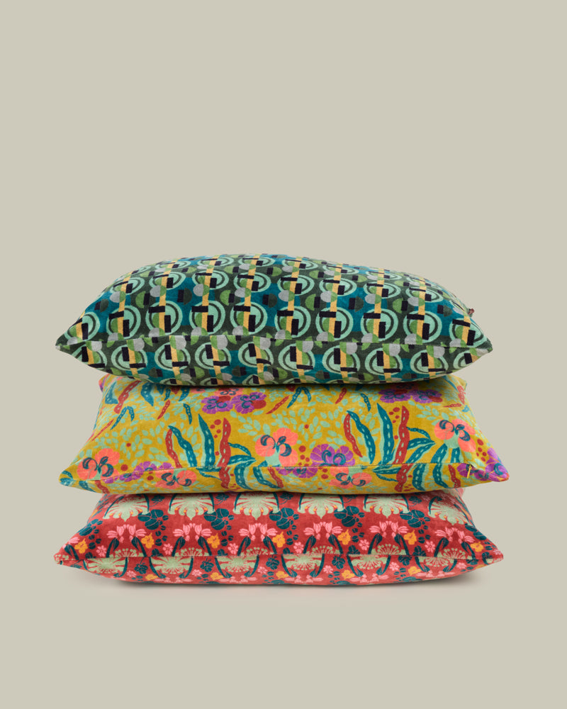 Square Velvet Cushion, Allegria Green Print