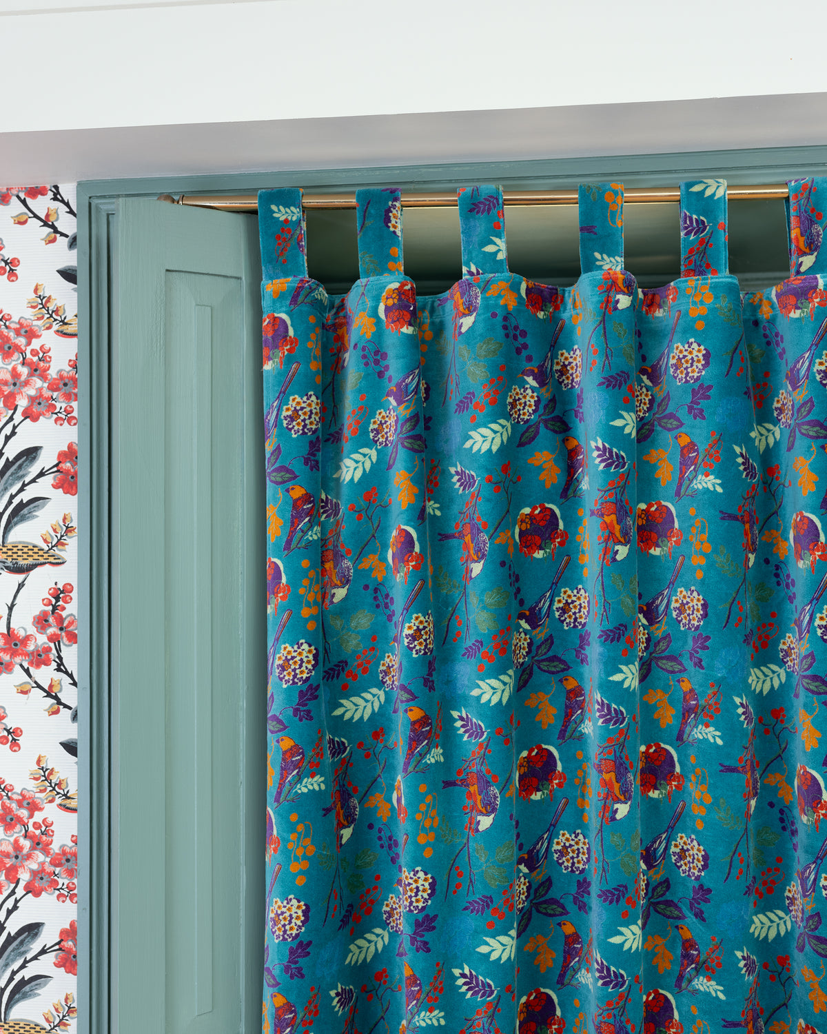Velvet Curtain, Birdy Teal Print