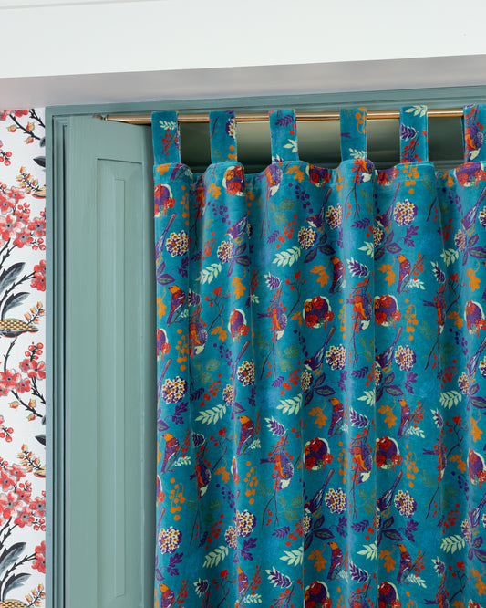 Velvet Curtain, Birdy Teal Print