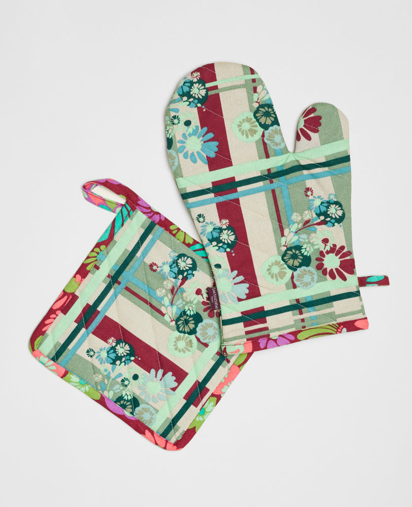 Oven Glove and Potholder - Dundee sauge/molly burgundy