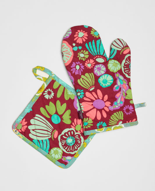Oven Glove and Potholder - Molly burgundy/swainston gre