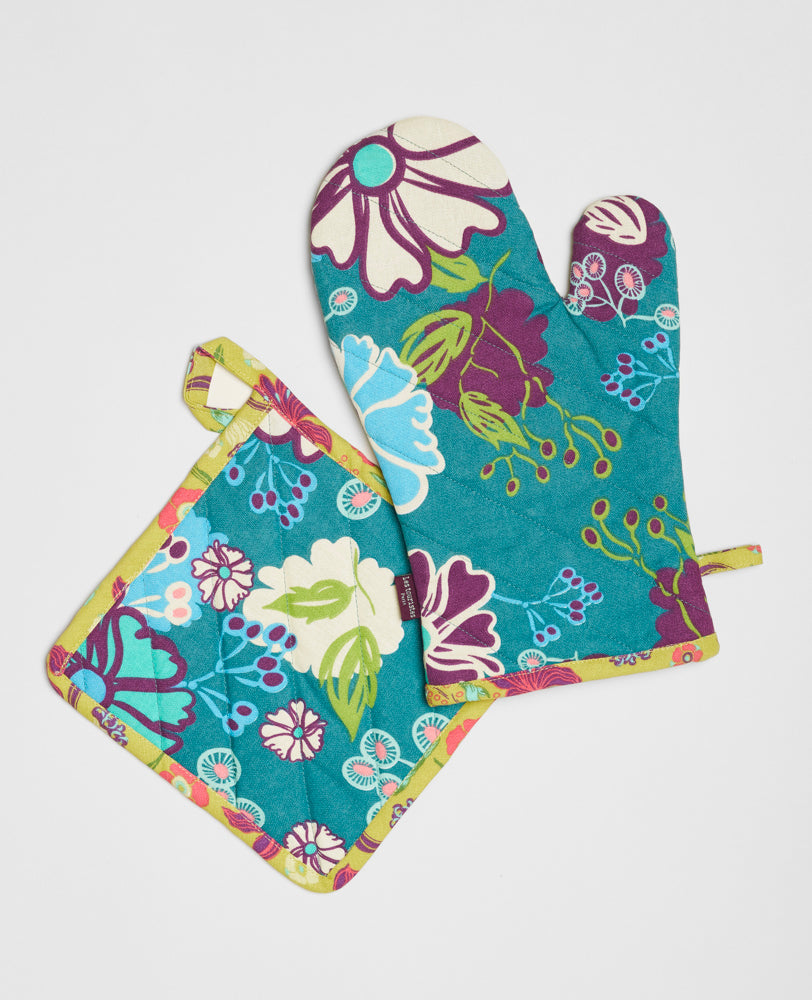 Oven Glove and Potholder - Cosmos teal/iris gold