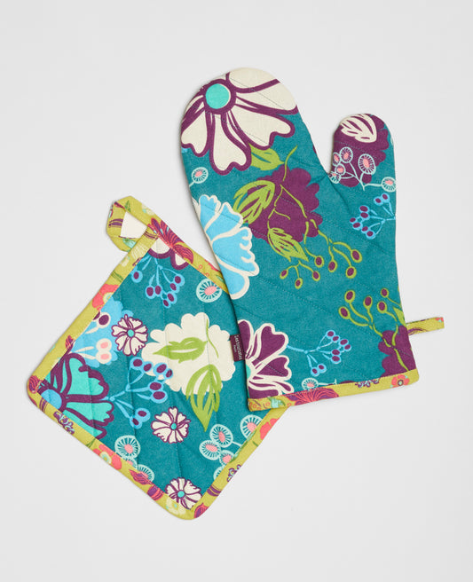Oven Glove and Potholder - Cosmos teal/iris gold