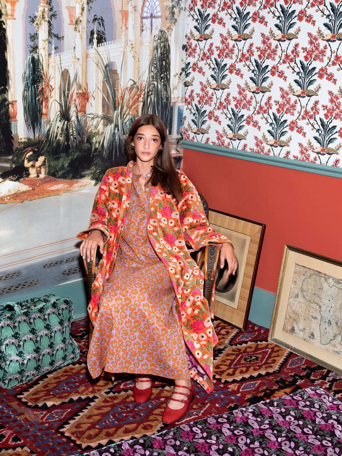Long Velvet Kimono, Poppy Orange Print