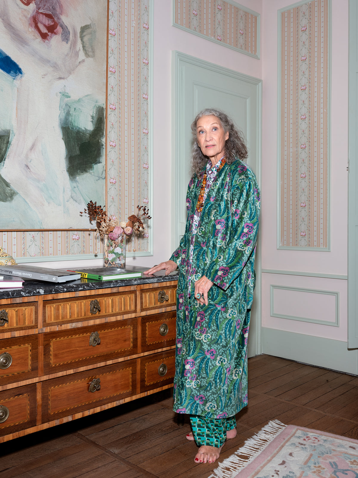 Long Velvet Kimono, Allegria Green Print