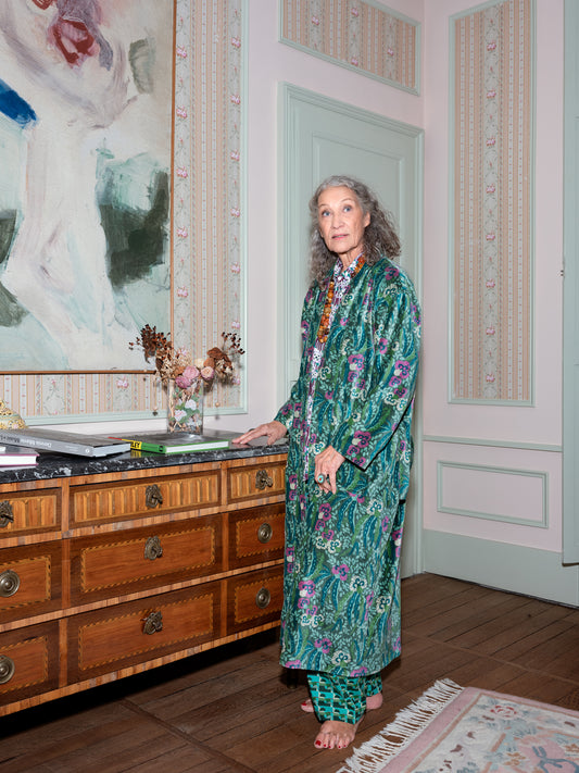 Long Velvet Kimono, Allegria Green Print