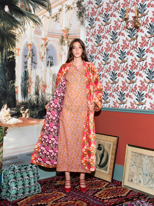 Long Velvet Kimono, Poppy Orange Print