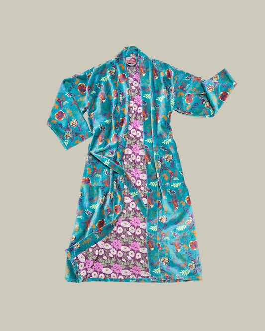 Long Velvet Kimono, Birdy Teal Print