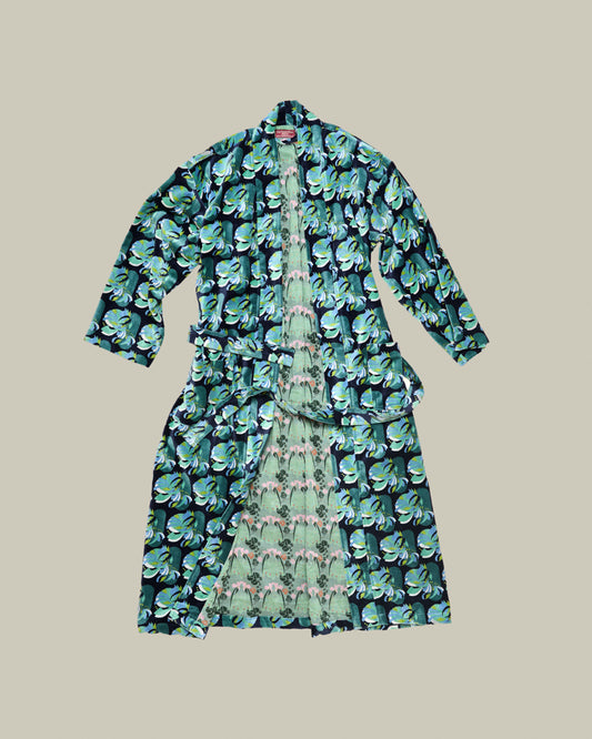 Long Velvet Kimono, Split Navy Print