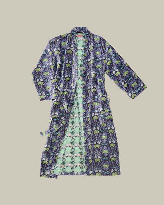 Long Velvet Kimono, Muguet Blue Print