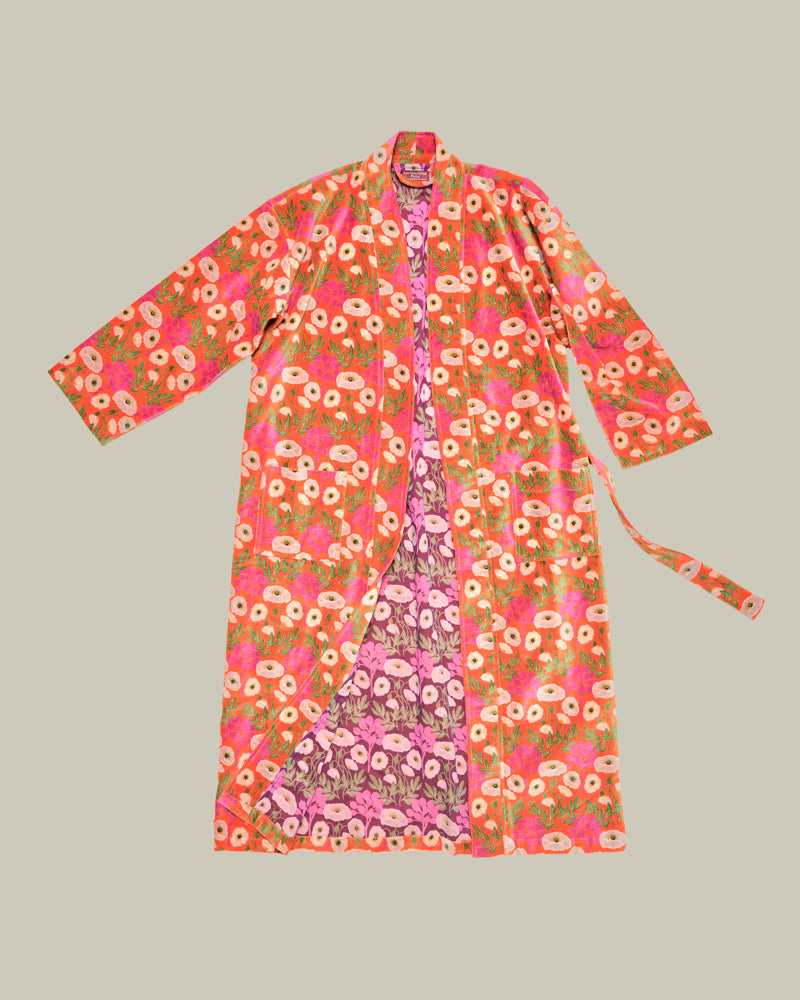 Long Velvet Kimono, Poppy Orange Print