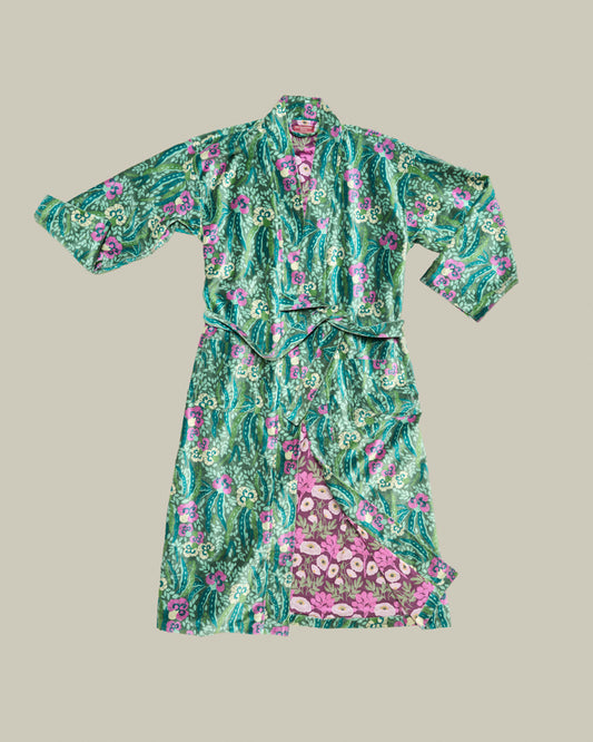Long Velvet Kimono, Allegria Green Print