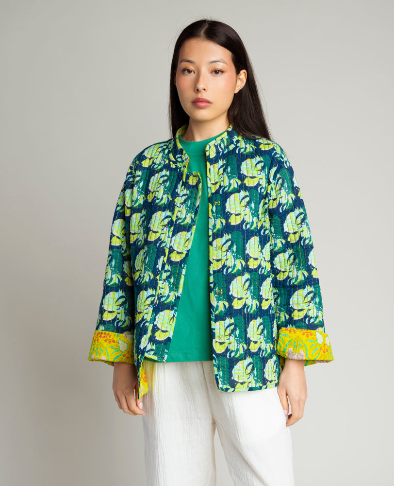 Veste Kantha réversible - Muguet Yellow/ Split navy