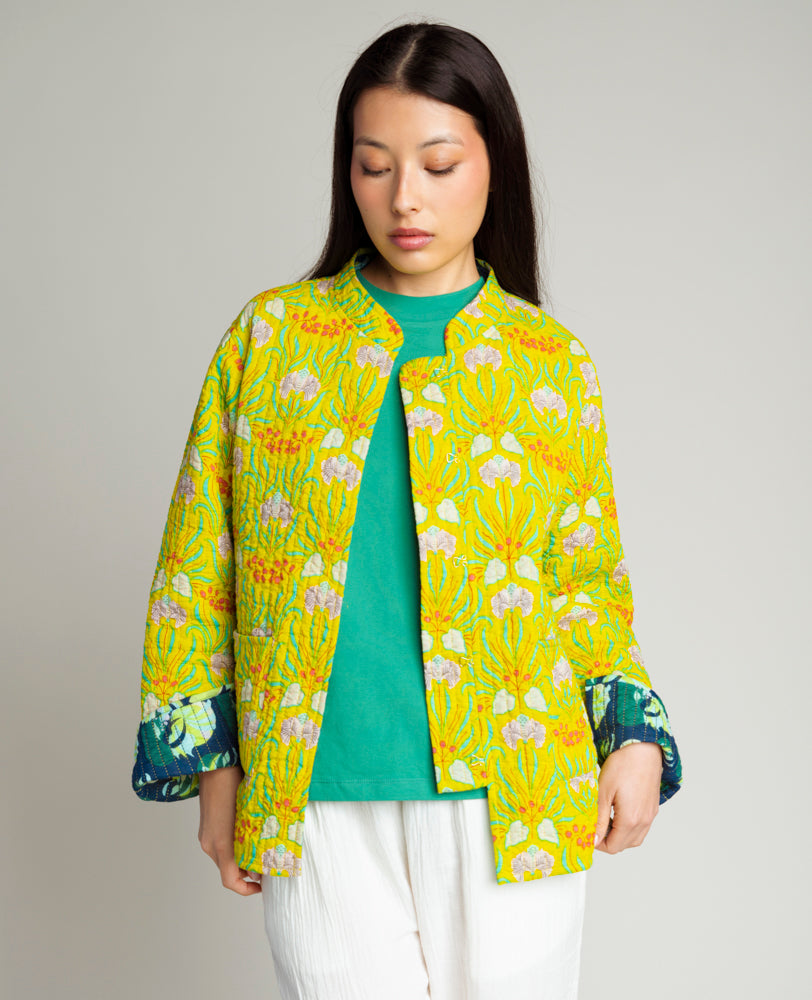 Veste Kantha réversible - Muguet Yellow/ Split navy